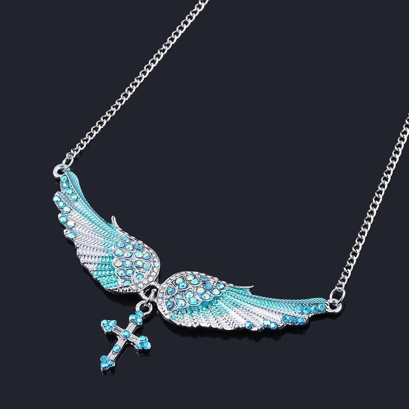 Diamond Simulated Decorated Angel Wing Cross Pendant Necklace For Ladies