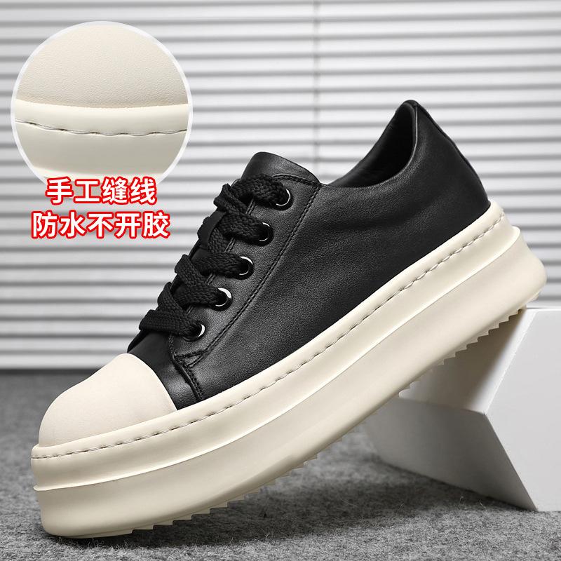 New Shoes for Men Genuine Leather Casual Platform Shoes American Trend Thick-soled Flat Skateboard Shoes Young Lace-up Sneaker