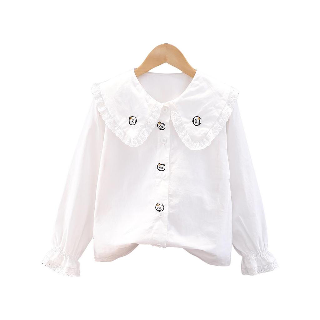 Girls' 100% Cotton White Long-Sleeved Shirt with Doll Collar - Spring/Autumn Style for Older Children