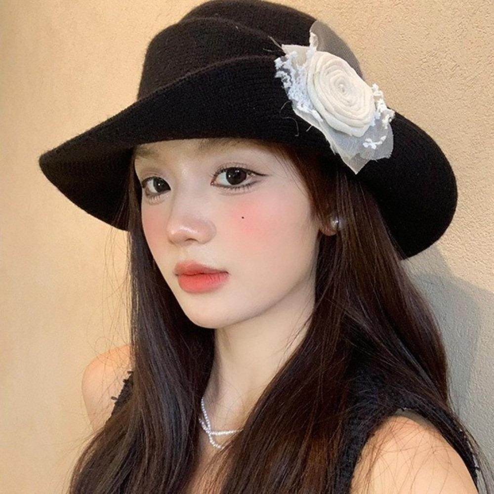 Lace Black Knitted Hat Floral Women Fisherman Hat Fashion Hepburn Style Topper Hat Party