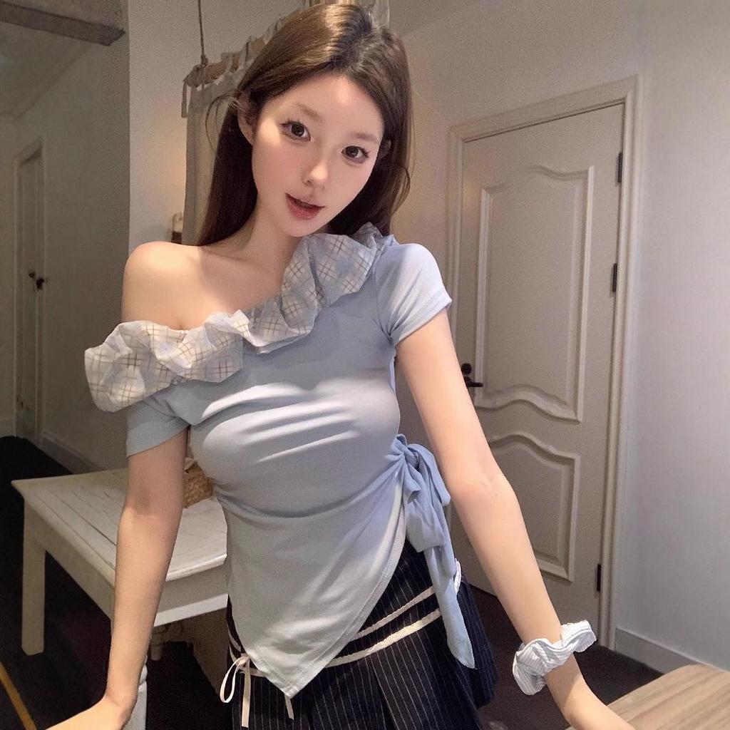 Pure Desire Ruffled Off-Shoulder Color-Block T-Shirt for Women - 2025 Summer Collection