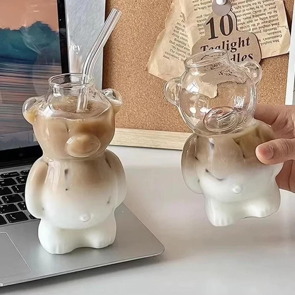 Large Capacity Bear Coffee Mug Transparent Glass Cup With Straw Multi-purpose Juice Cup Beer