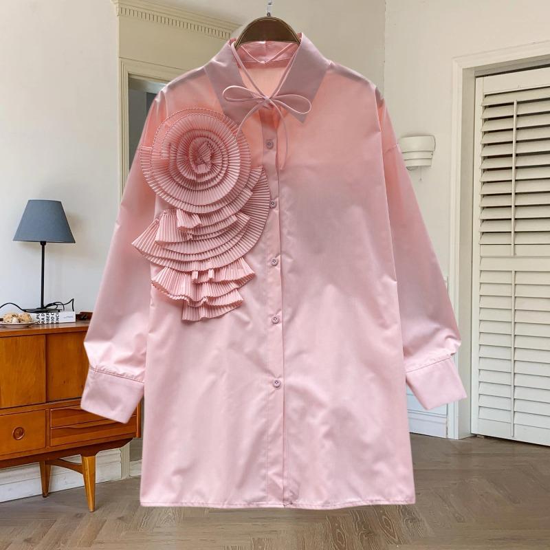 Spring New Chic Flower Long Sleeve Women's Shirts Casual Solid Single Breasted Elegant Loose Blouses Women Tops Vintage Lace-up Ladies Blouse 25810