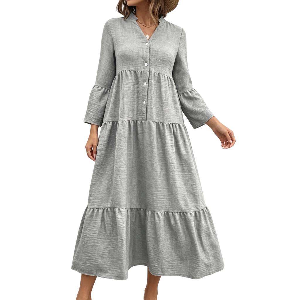 Damen Herbst Langarm Maxi Kleid V-Ausschnitt Aushöhlung Öse A-Linie Lang Lässig Partykleider