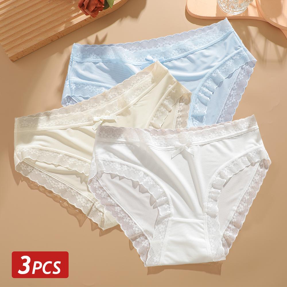 3PCS/Set Seamless Panties Ice Silk Lace Perspective Briefs Ultra Thin Breathable Underwear Cool Summer Female Sexy Lingerie