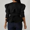 Deep V-neck Puff Half Sleeve Solid Color Women Coat Ruffle Hem Bowknot Bandage Peplum Blazer Workwear