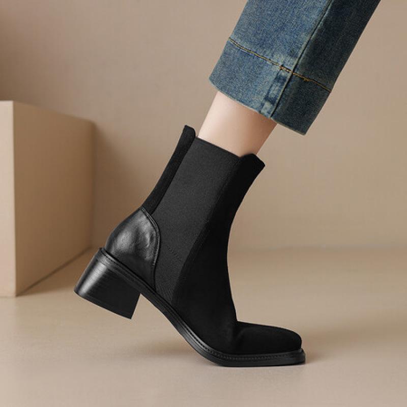 Herbst- und Winter Wildleder Martin Stiefel Gummisohle große Größe mittlerer Absatz Lederstiefel bequem quadratisch und koreanische Version der neuen quadratisch und ich