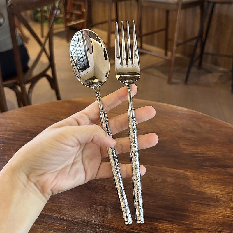 304 Stainless Steel Hammered Handle Cutlery Set: Diamond Pattern Knife, Fork, Spoon