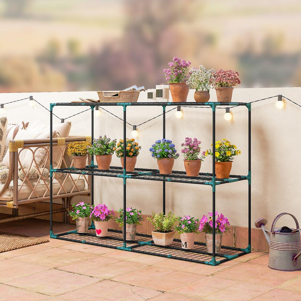3-Tier Plant Stand. 100 cm High Flower Stand with Shelves. Multi-Tier Steel, Dark Green