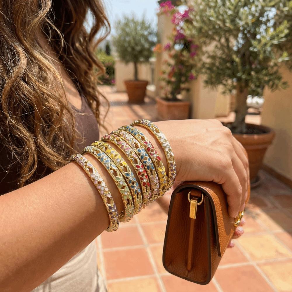 Enamel Vintage Cloisonne Bangle Colorful Women's Hand Bracelet Dainty Flower Crystal Bangle  Ladies