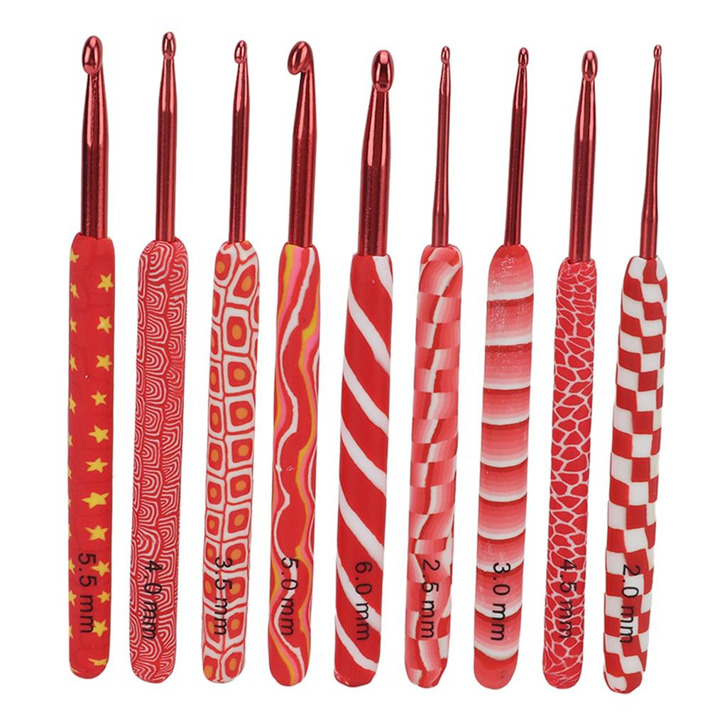 9pcs Crochet Hooks Differentiable Sizes Red Handle Ergonomic Grip Aluminum Material Knitting