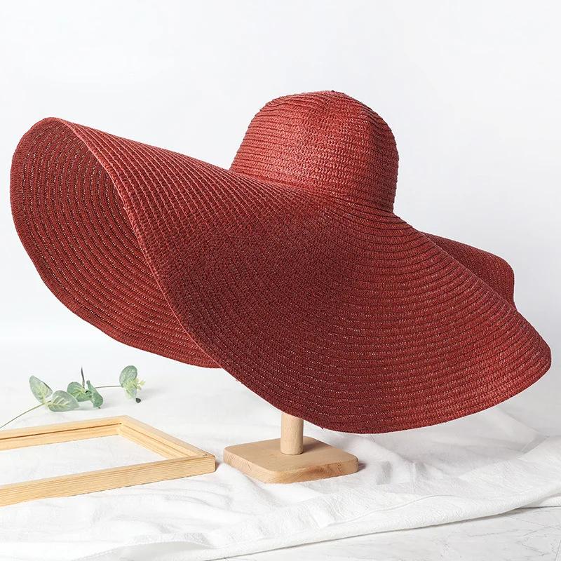 Oversize 25Cm Wide Brim Straw Hat Women'S Beach Cap Foldable Sunshade Protection Hat Ladies Sun Hats For Summer Girls