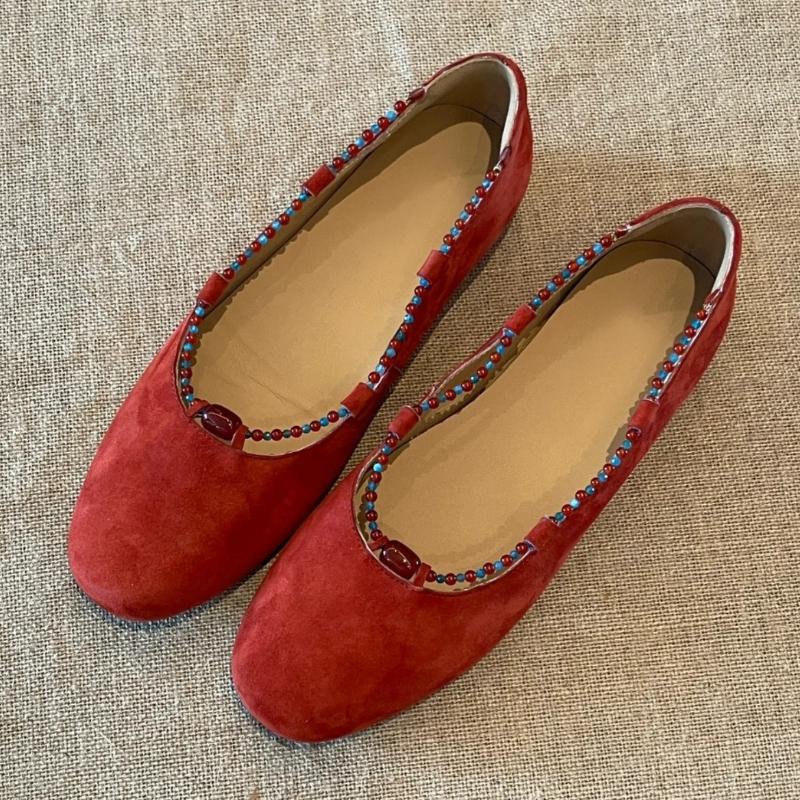 

Модные этнические туфли Мэри Джейн с разноцветными бусинами на шнурках, женские ретро туфли с круглым носком, неглубокие дизайнерские туфли, высококачественные замшевые повседневные балетки 35 красный