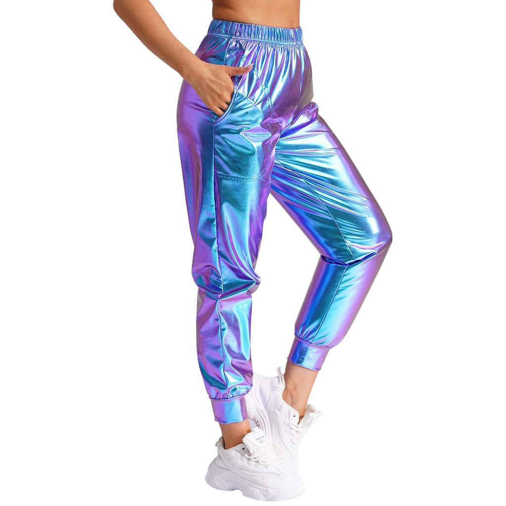 Damen Metallic Tanzhose Hoher Bund Elastischer Bund Lockerer Schnitt Sporthose Glänzender Schimmer Moderne Hose