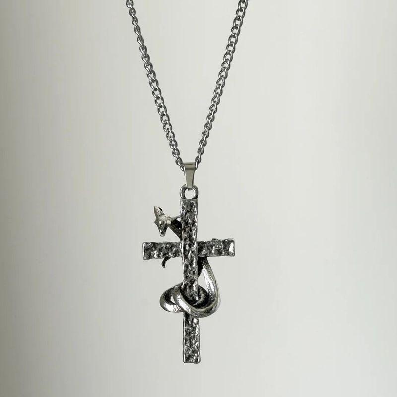 Snake Cross Necklace European and American Style Fashion Bold Punk Personality Hip-Hop Niche Choker Accessory Pendant Coiled Snake Cross Necklace [Cross Chain Two Pack]