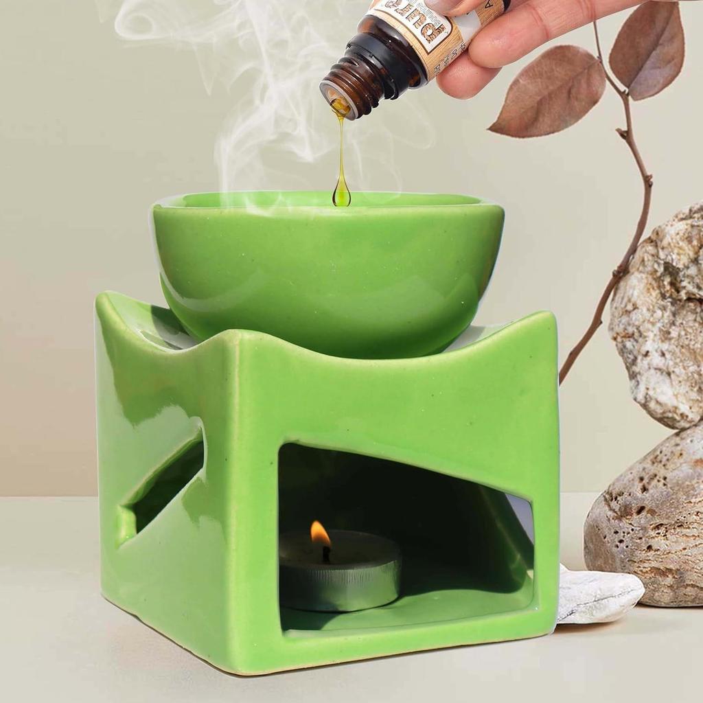 Ceramic Clay Candle Operated Aroma Burner Oil Diffuser, Extra Large Bowl, with 1 Tealight, 4.25 Inch, (Green)