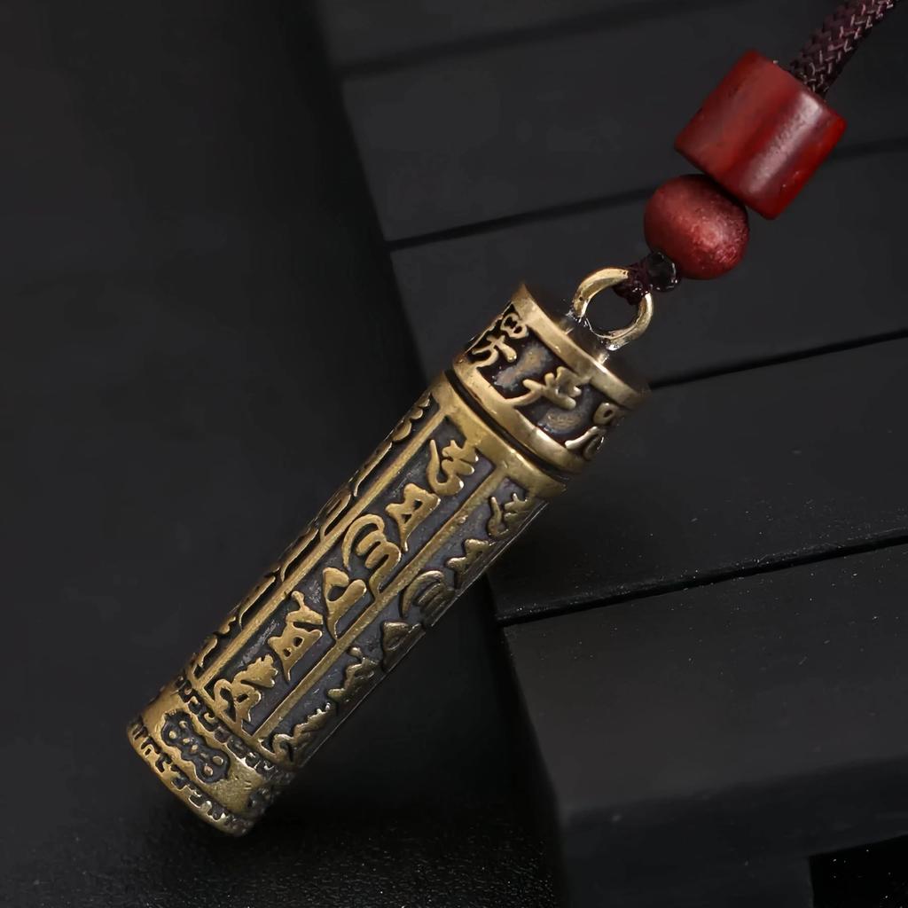 [HannaFires] Brass Tibetan Rotating Prayer Wheel Necklace with Six-Character Mantra, Amulet for Peace, Good Luck, and Feng Shui