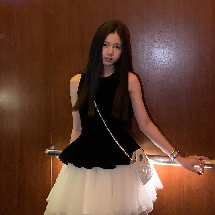 Seaside vacation French retro velvet splicing ballet dress princess mesh sleeveless vest dress tutu skirt
