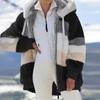 Womens Fashion Splicing Winter Loose Plush Long Sleeve Zipper Pocket Hooded Coat