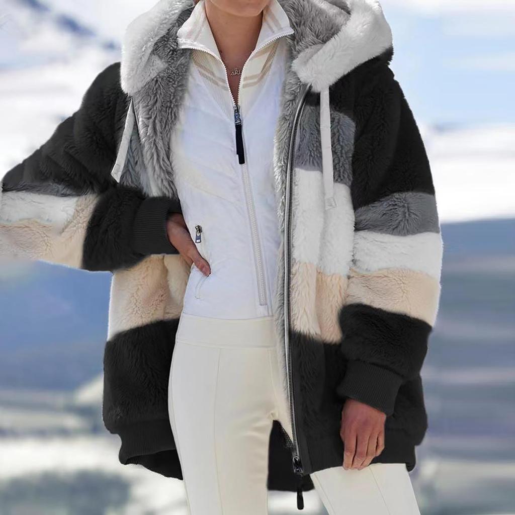 Womens Fashion Splicing Winter Loose Plush Long Sleeve Zipper Pocket Hooded Coat