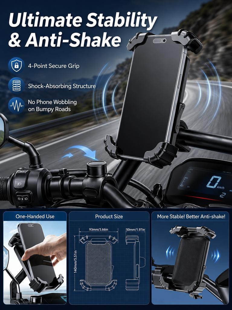 Motorcycle Phone Mount, One-Handed Anti-Shake Bike Holder, Universal Fit for Electric Scooter & Motorbike