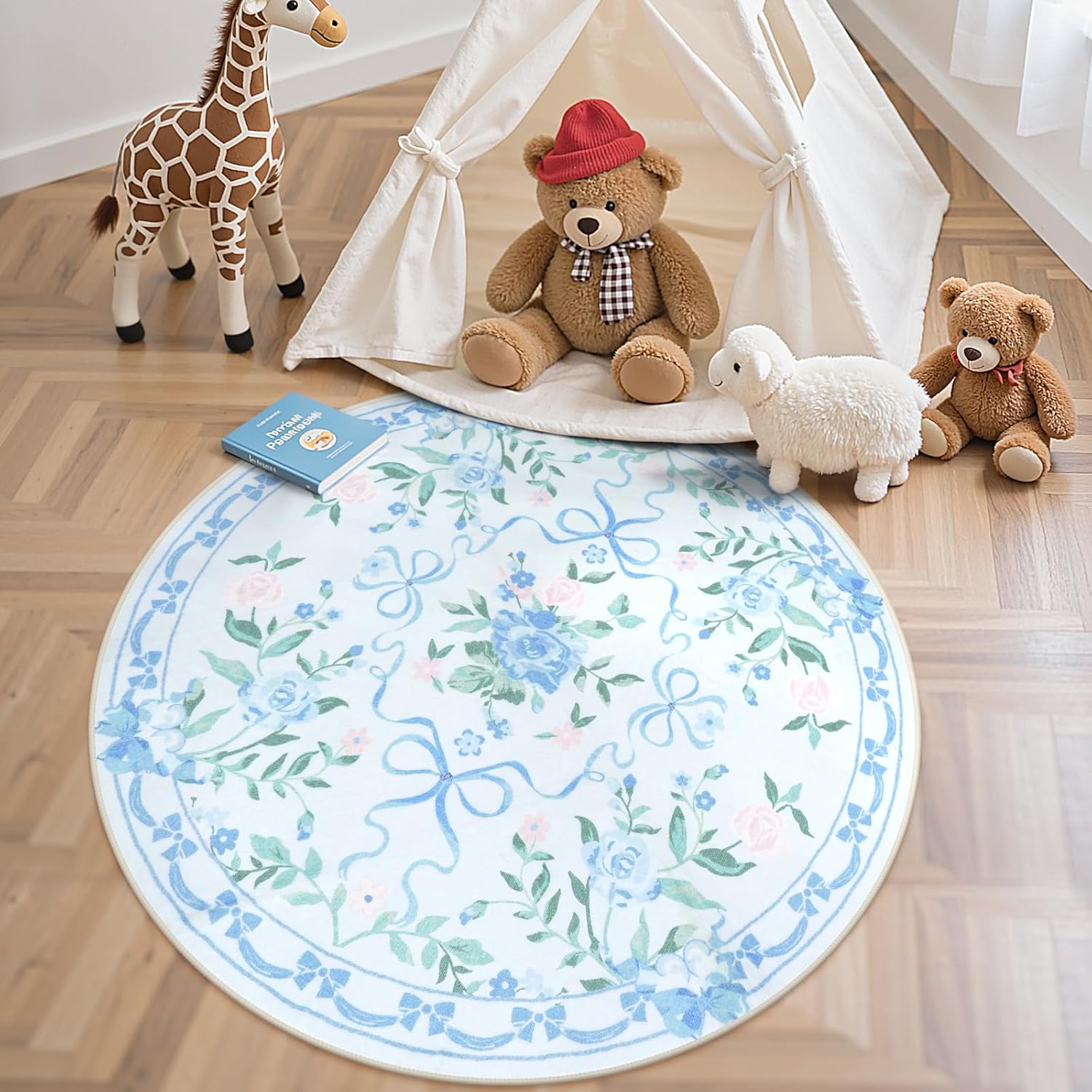 

Round Floral Carpet Decorated with Blue and Pink Floral Bow Pattern Floor Mat for Home Living Room Decoration Carpet 80cm x 80cm