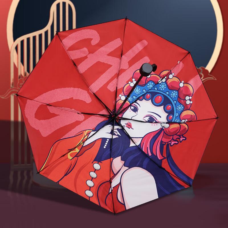 Chinese Style Red Maple Three-Fold UV Sun/Rain Umbrella