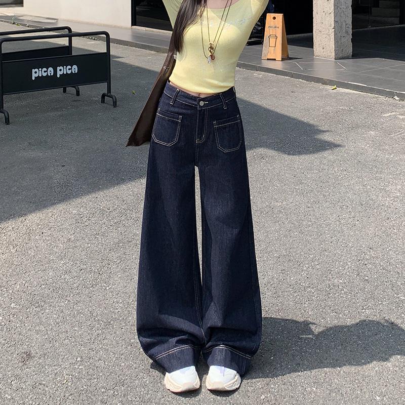 Denning wide-leg jeans women's autumn new high-waisted loose and thin dark blue narrow high-waisted straight pants tide