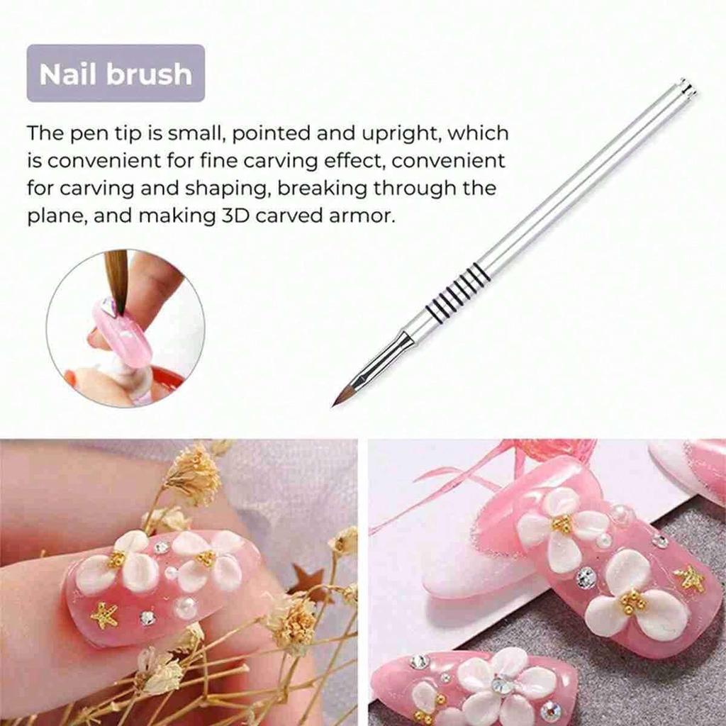 Metal Nail Art Brushes Silver 2, 4, 6 for 3D Carving Crystal Nail Design, Gel Nail Painting Tool