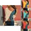Elegant Women T-shirts Long Sleeve Round Neck Patchwork Pullover Slim Fit Female Tops