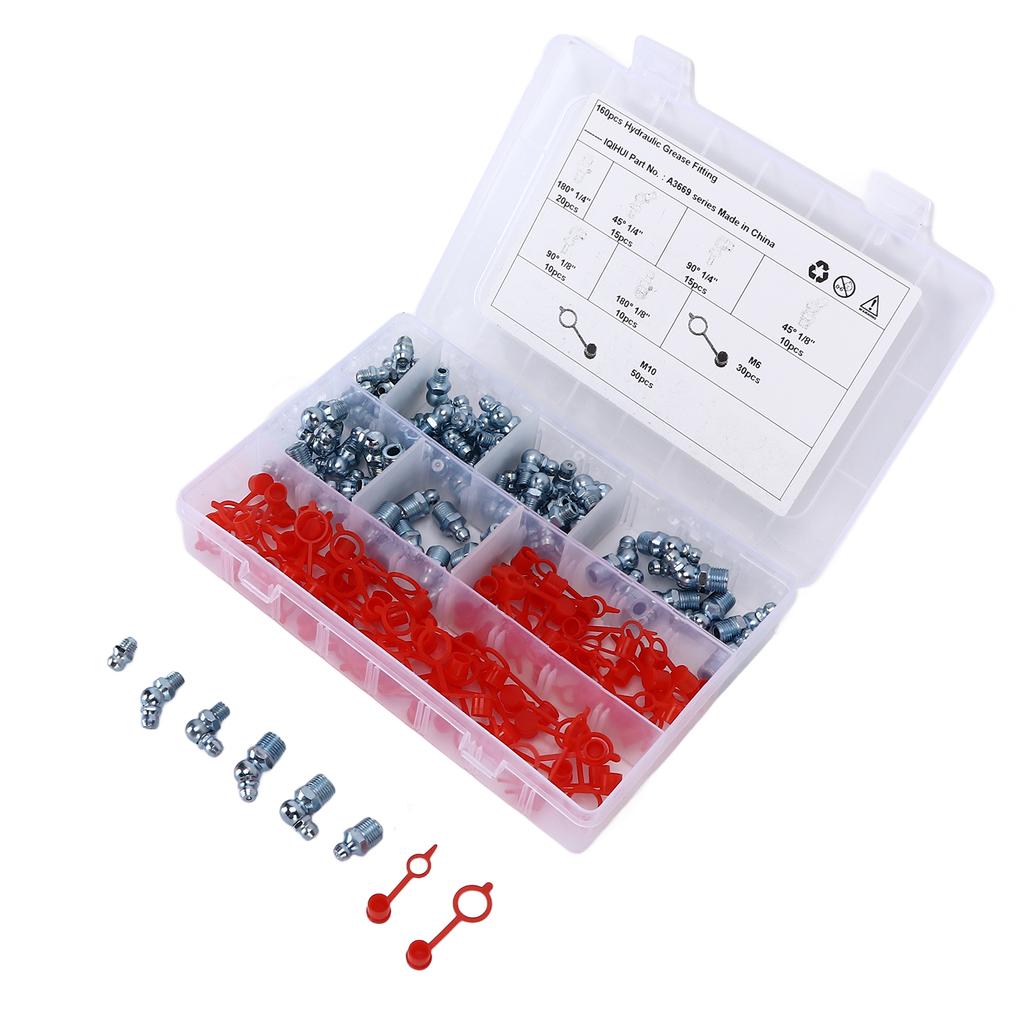 160PCS Hydraulic Grease Fitting 6 Sizes Hex Straight Elbow Type for Cars Motorcycles Trucks Farms