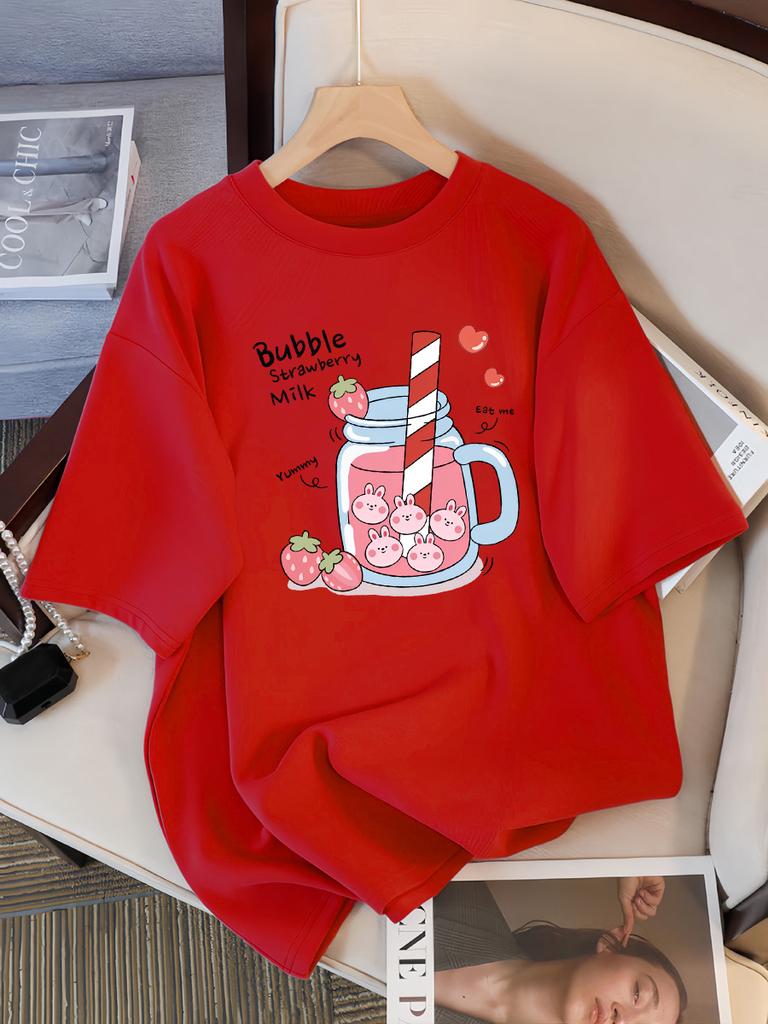 Delicious Strawberry Beverage Print Women T Shirt Summer Breathable Tee Cotton Street Clothing Casual Sport Cool Short Sleeve