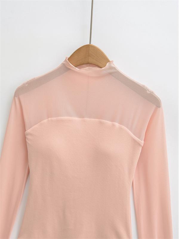 Women's Chic Sheer Mesh Spliced Long Sleeve T-shirt: Elegant Slim-fit, Sexy Base Layer Top