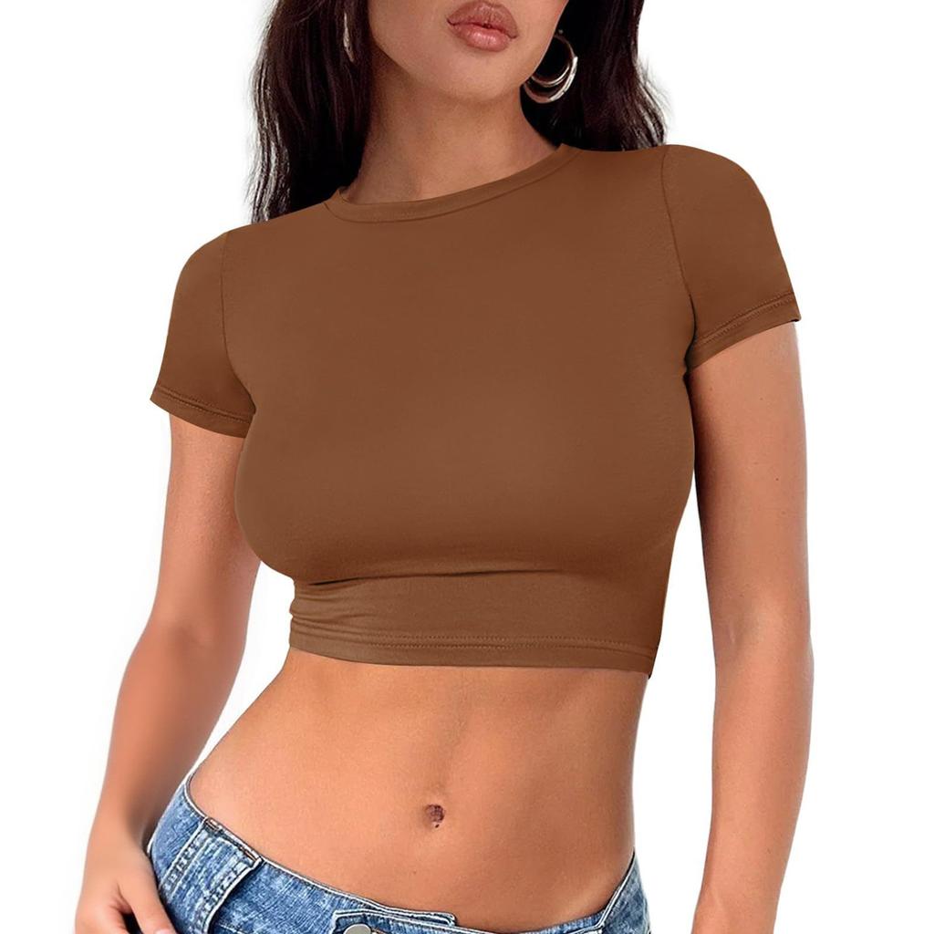 Damenmode Rundhals Halskette T-Shirt Slim Einfarbig Kurzarm Top