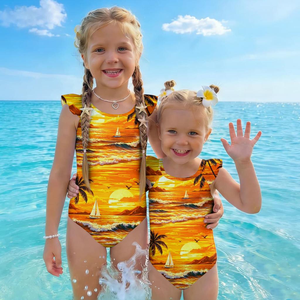 Costume da bagno intero per bambina Estate Stampa Hawaiana Costumi da bagno Bambini Moda Casual Manica a volant Abbigliamento da spiaggia Costume da bagno per bambini