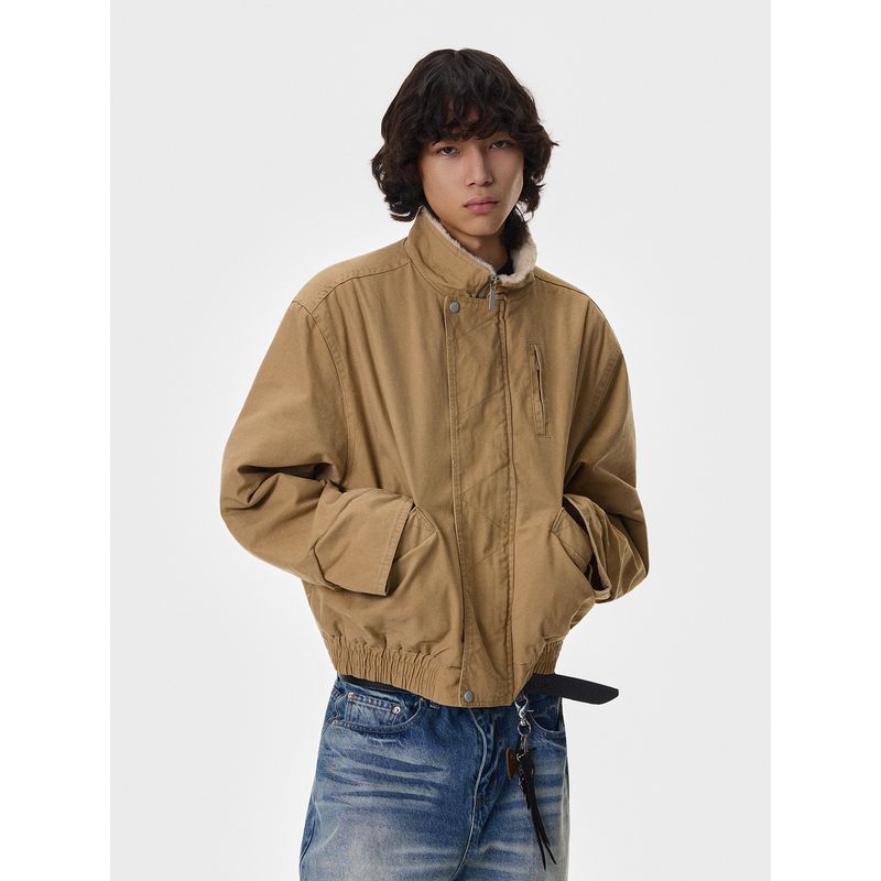 Blaexit Retro Vintage Lamb Wool Lined Jacket Men's Autumn and Winter Short American Workwear Jacket