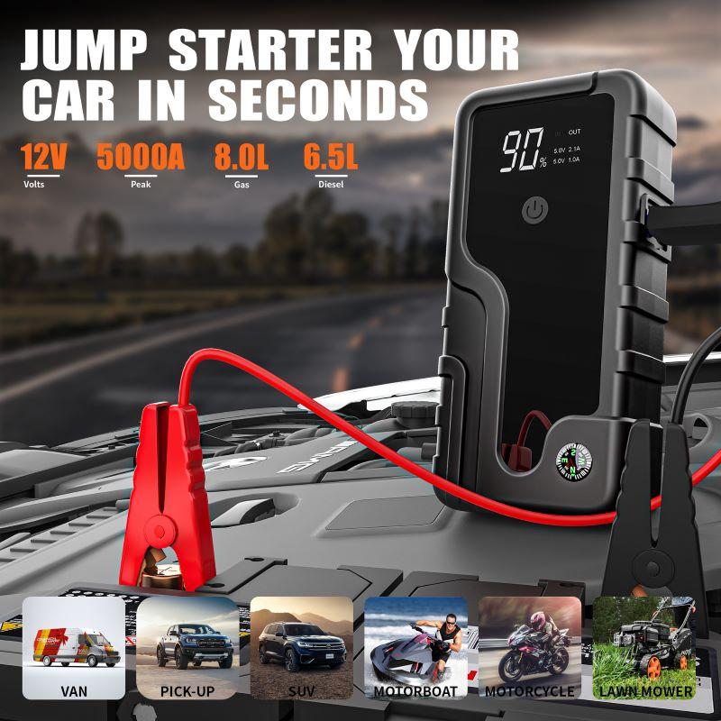 5000A Heavy Duty Jump Starter for Truck SUV Car, Air Compressor, QC3.0 Fast Charger, Booster Pack with LED Emergency Light.