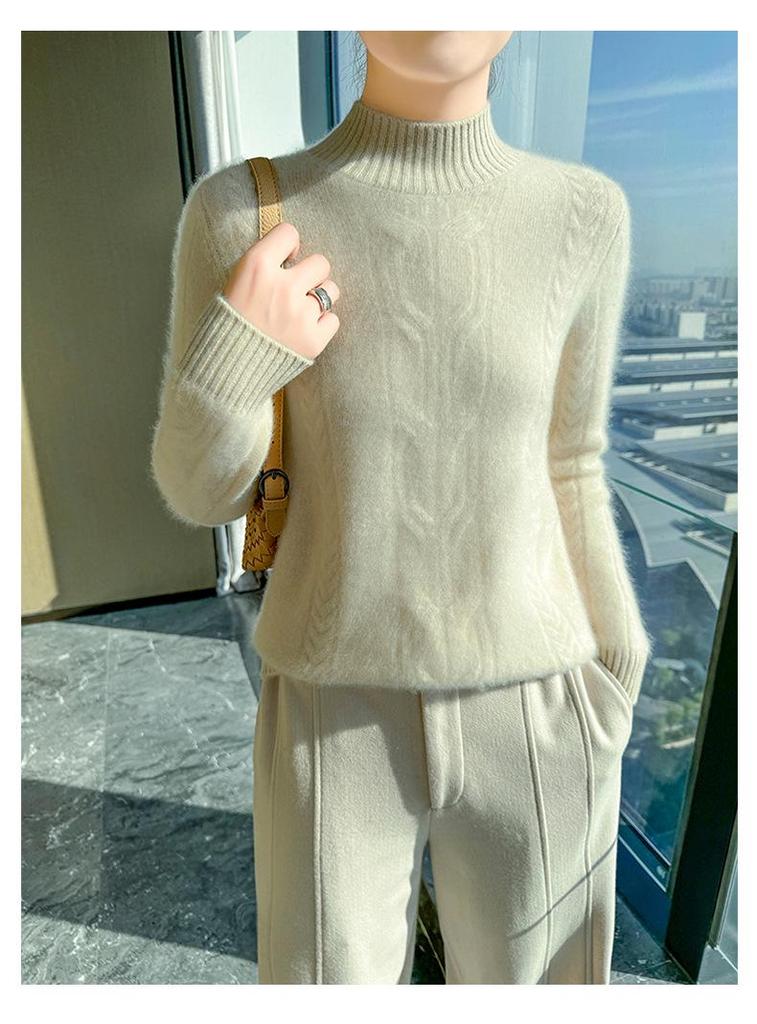 2024 Women's Autumn/Winter Wool Sweater - Solid Color, Thick Knit, Half-High Collar, Long Sleeve, Cable Knit Base Layer