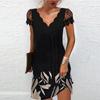 Frauen Drucken V-ausschnitt Spitze Nähte Kurzen ärmeln Kleid Sexy Mode Sommer Plus Größe Casual Kleid
