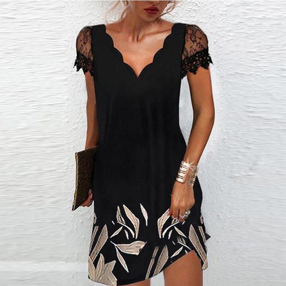 Frauen Drucken V-ausschnitt Spitze Nähte Kurzen ärmeln Kleid Sexy Mode Sommer Plus Größe Casual Kleid