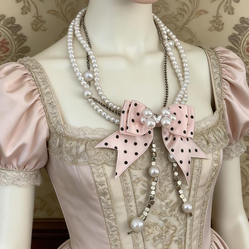 Romantics Pink Dotted Bowknot Designs Pearls Necklace Stylish Clavicle Chain Feminine Accessory For Daily Wear