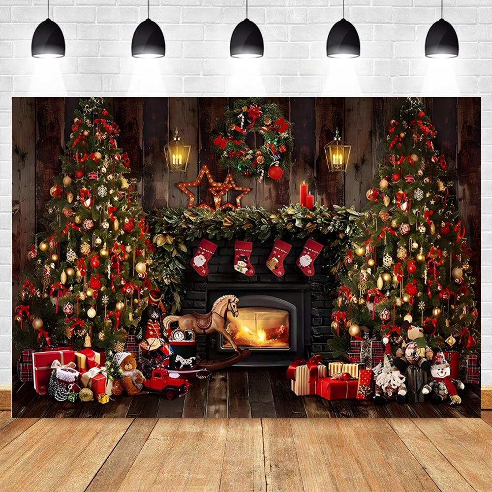 Christmas Photography Background Custom Christmas Tree Fireplace Poster Family Portrait Children Carnival Party Banner Decor