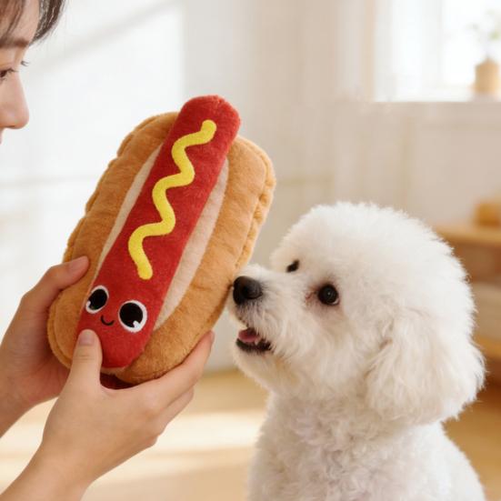 Squeaky Plush Dog Toy Hot Dog Bun Shape Chew Toy Dog Snuffle Toy with Crinkle Paper Puppy Teething Toy for Boredom Relief Interactive Training