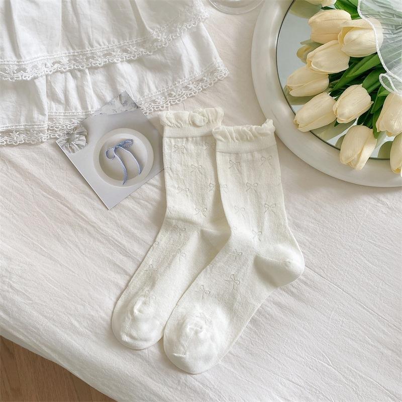 Ballet Style Bow Bubble Pile Socks Summer Mesh Thin Mid-Leg Socks Boneless Lace Anti-Pilling