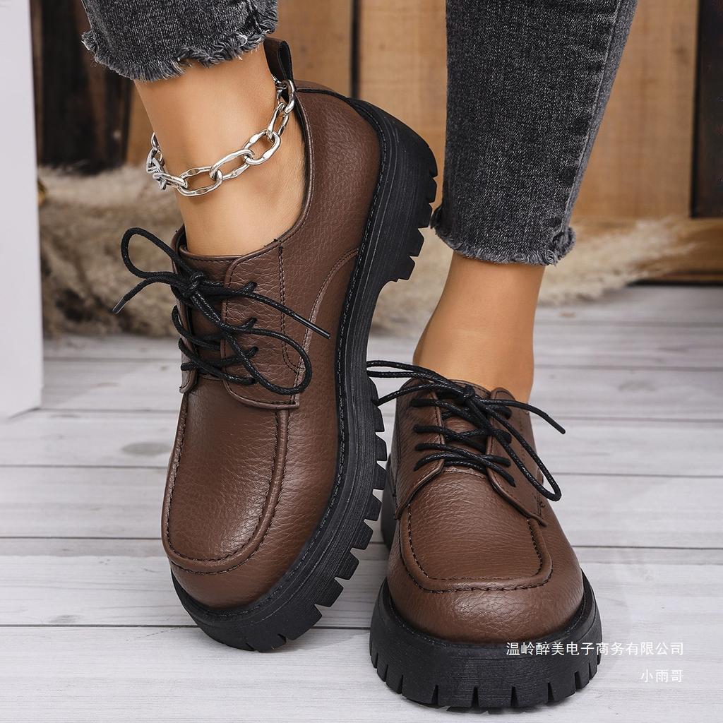 Large Size Thick-soled Loafers Women  Spring New Style Chunky Heel Retro Lace-up Professional Leather Shoes 2026