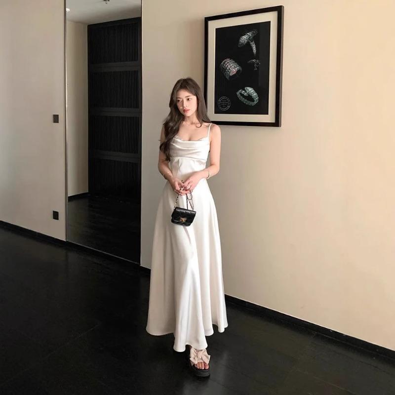 Wind Pleated Design Suspender Dress Women's Summer New Pure Wind Waist Thin a Word Long Dress