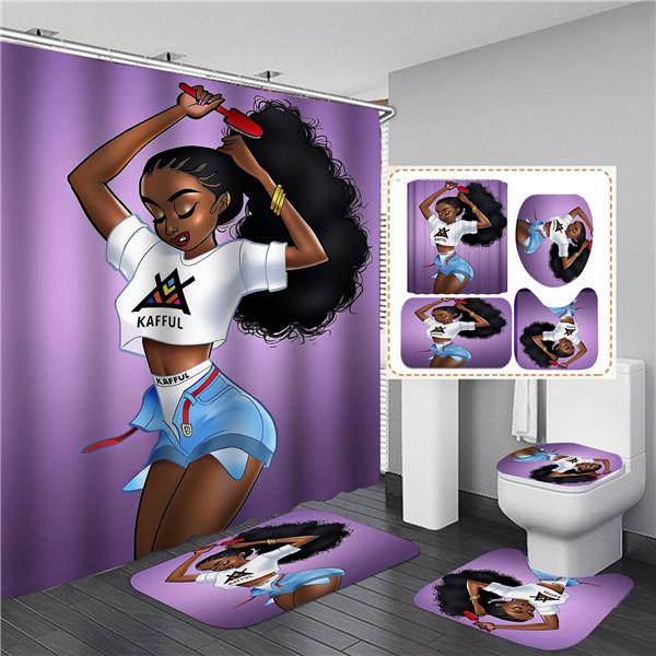 4PCS Full Set Bathroom Curtain Set Elegant African Black Woman Shower Curtain Hooks Modern Bath Mat Toilet Lid Cover Anti-slip Bath Mats