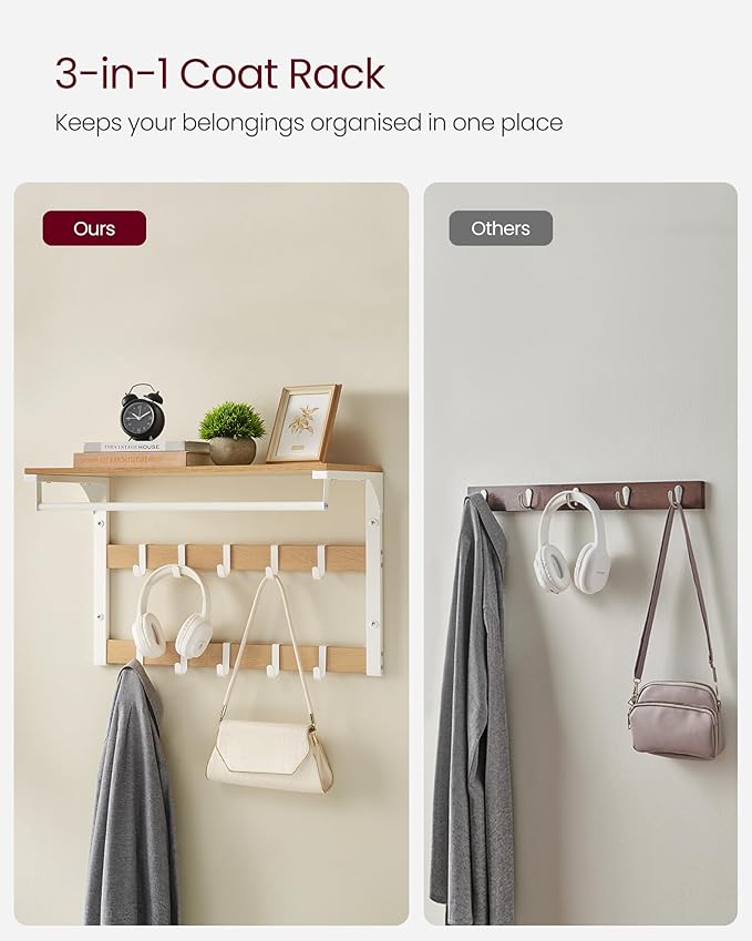 VASAGLE Wall-Mounted Coat Rack, Wall Shelf with 10 Removable Hooks, Clothes Rail, Coat Hooks with Shelf, for Entryway, Bedroom, Bathroom