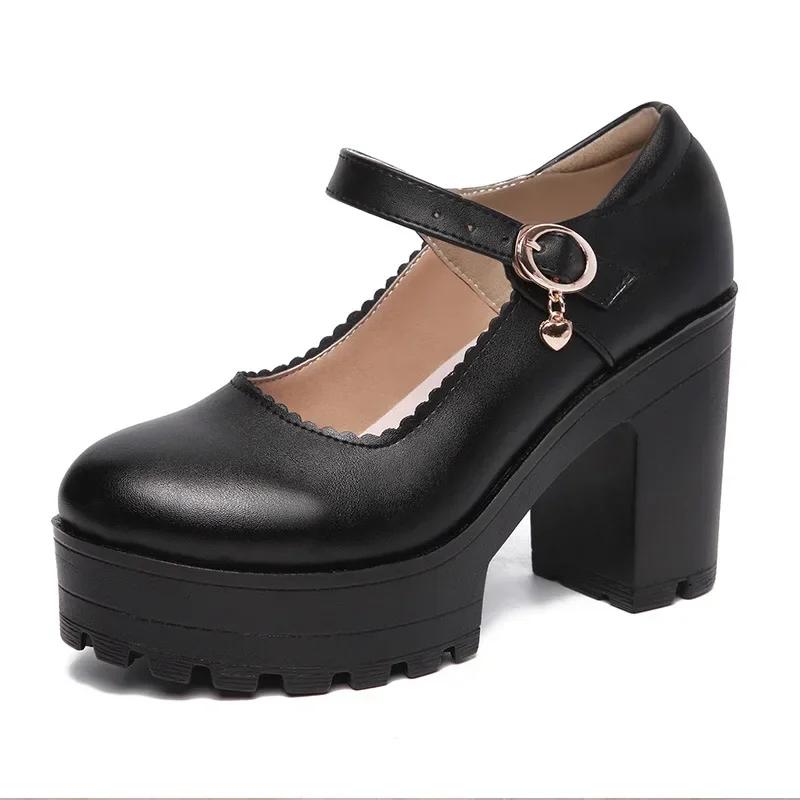 8cm 10cm Small Size 32-43 Elegant Office Ladies Soft Leather Mary Janes Platform Shoes 2025 Fall Block High Heels Shoes Work Mom