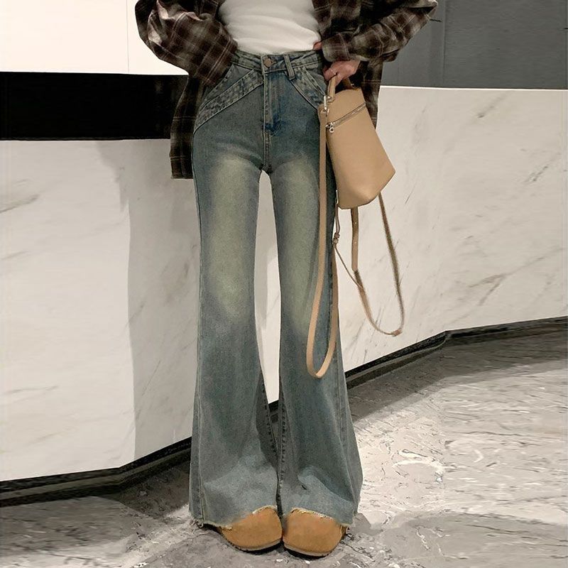 Micro Flare Jeans Women Nostalgic Blue Design Sensibility Autumn and Winter Thin and Versatile Horseshoe Pants Retro Baggy Long Jeans for Ladies